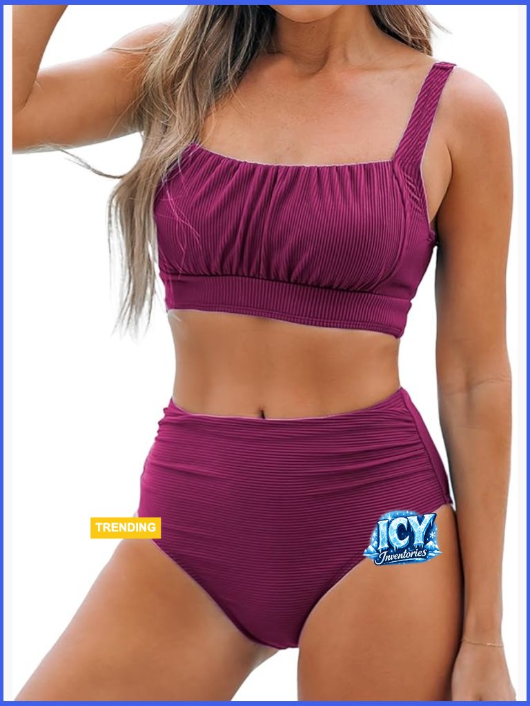 High Waisted Square Neck Bikini Set Ruched Adjustable Straps Two Piece Swimsuit